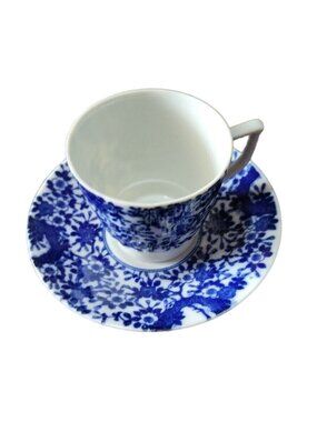 Bone China Demitasse Cup Saucer Tea Coffee Blue Calico Flow Blue White Floral
